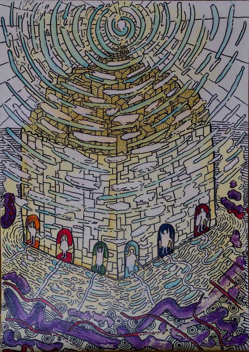 Ein gewaltiger Turm aus gelben Steinen erhebt sich über einer Ebene, kleine Gestalten stehen vor seinen Toren, am Himmel kreist ein Wirbel aus Linien.