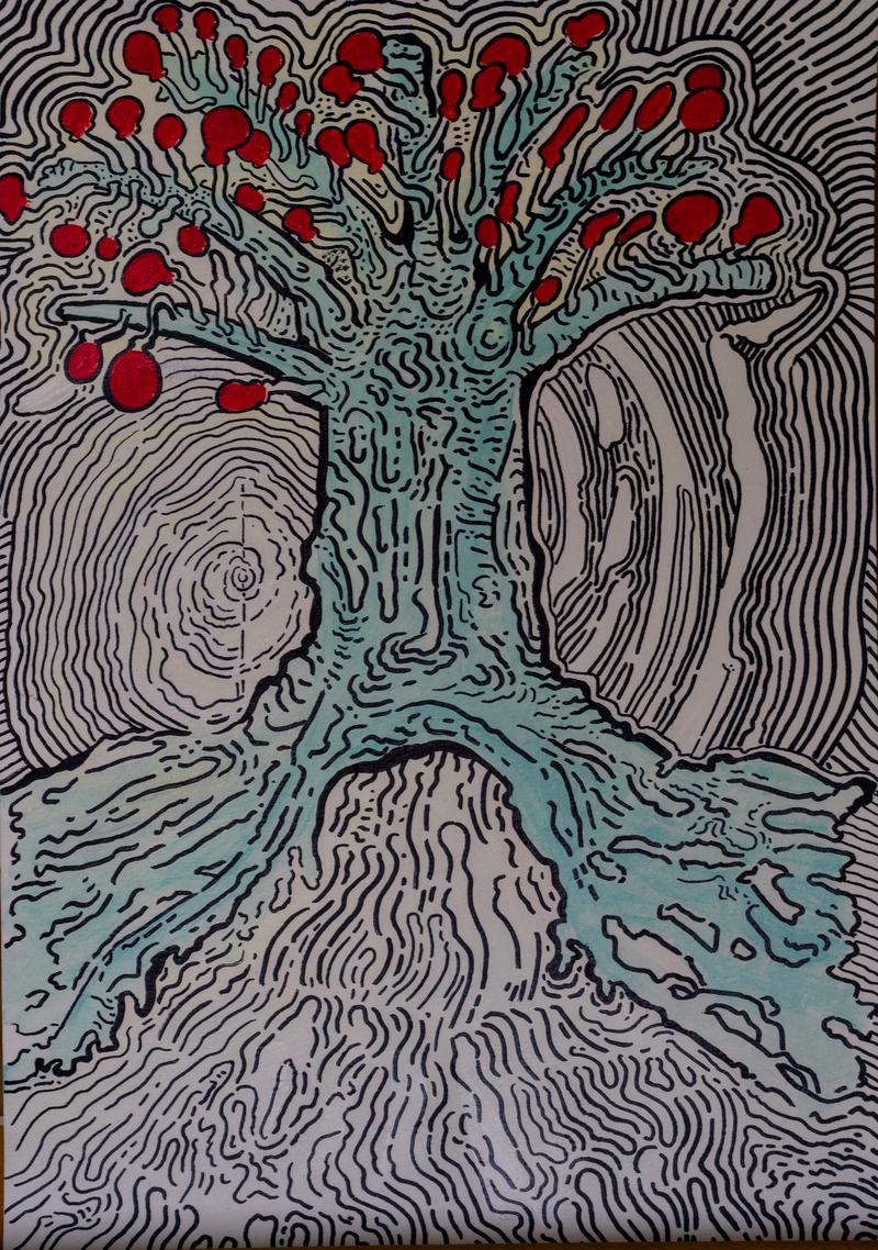 Ein Baum mit roten Früchten wächst aus einem hellen Hügel, zu beiden Seiten kreisen die Linien wie Jahresringe.