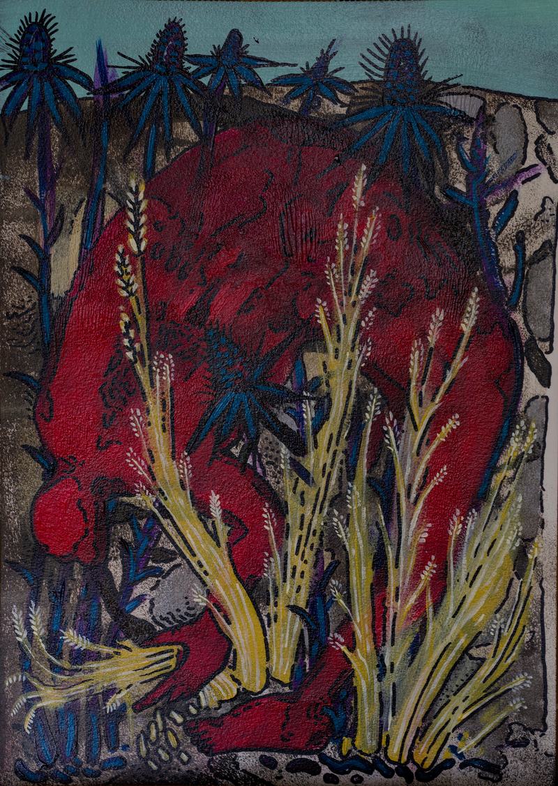 Eine gebeugte rote Gestalt steht zwischen blauen Disteln und hellen Ähren, hinter ihr wölbt sich dunkler Boden.