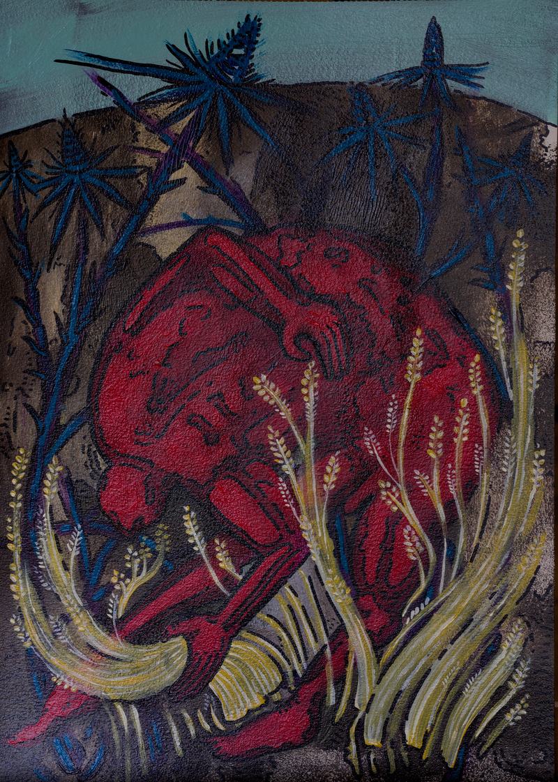 Die rote Gestalt beugt sich tiefer, die Ähren biegen sich mit ihr, und die blauen Disteln ragen darüber auf.