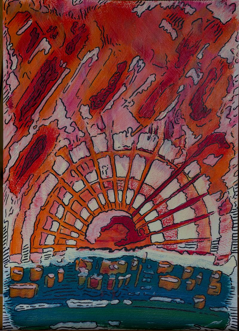 Über einer Stadt am Wasser geht die Sonne in einem Strahlenbogen auf, der Himmel darüber glüht rot.