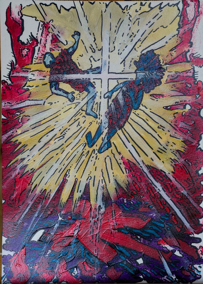 Von einem weißen Kreuz gehen gelbe Strahlen aus, zwei Gestalten schweben darin, ringsum liegen rote und blaue Farbflächen.