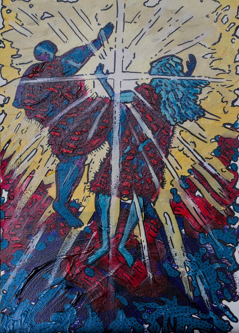 Dunkle Gestalten in Rot und Blau drängen sich um ein leuchtendes weißes Kreuz.
