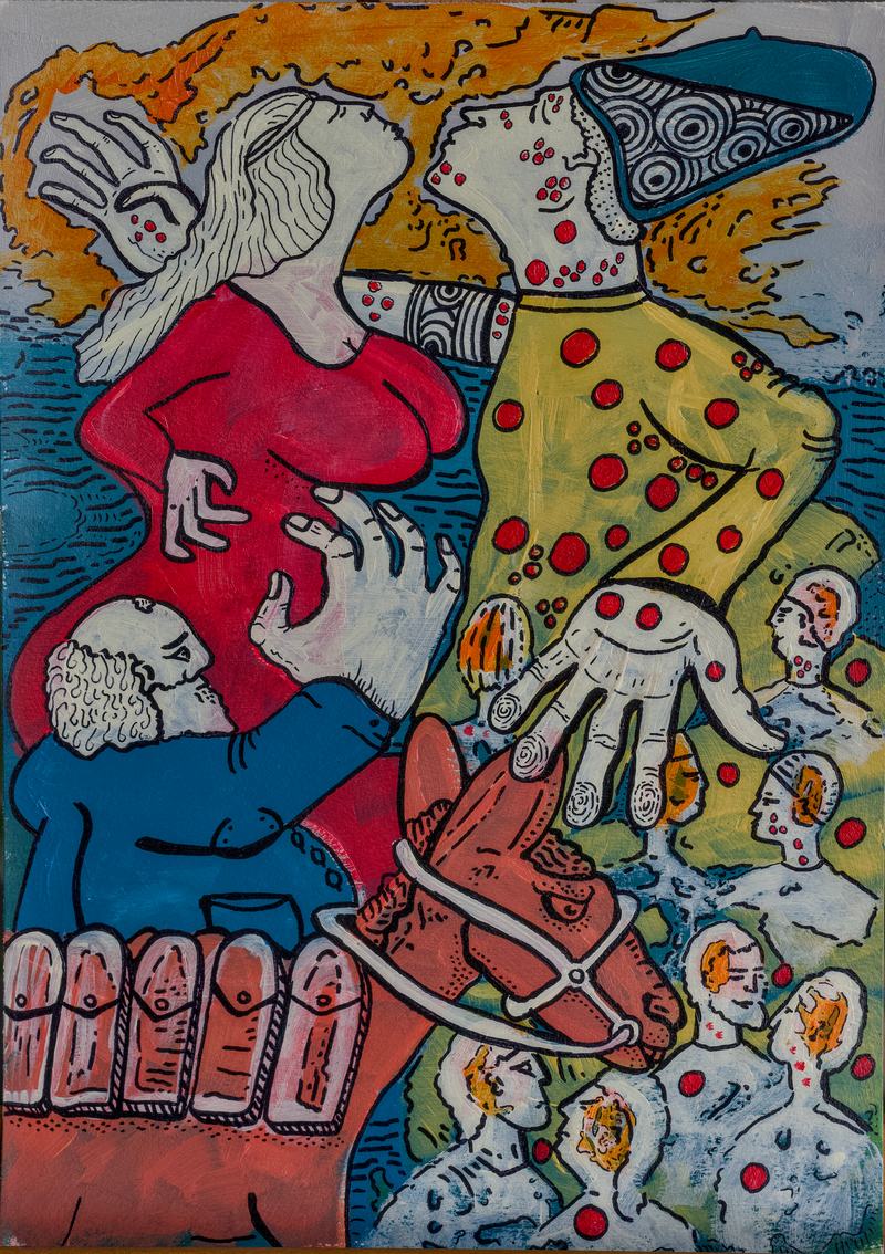 Ein Pferd drängt sich ins Bild, darüber neigen sich zwei Gestalten in Rot und Gelb zueinander, unten drängen sich Menschen mit roten Flecken.