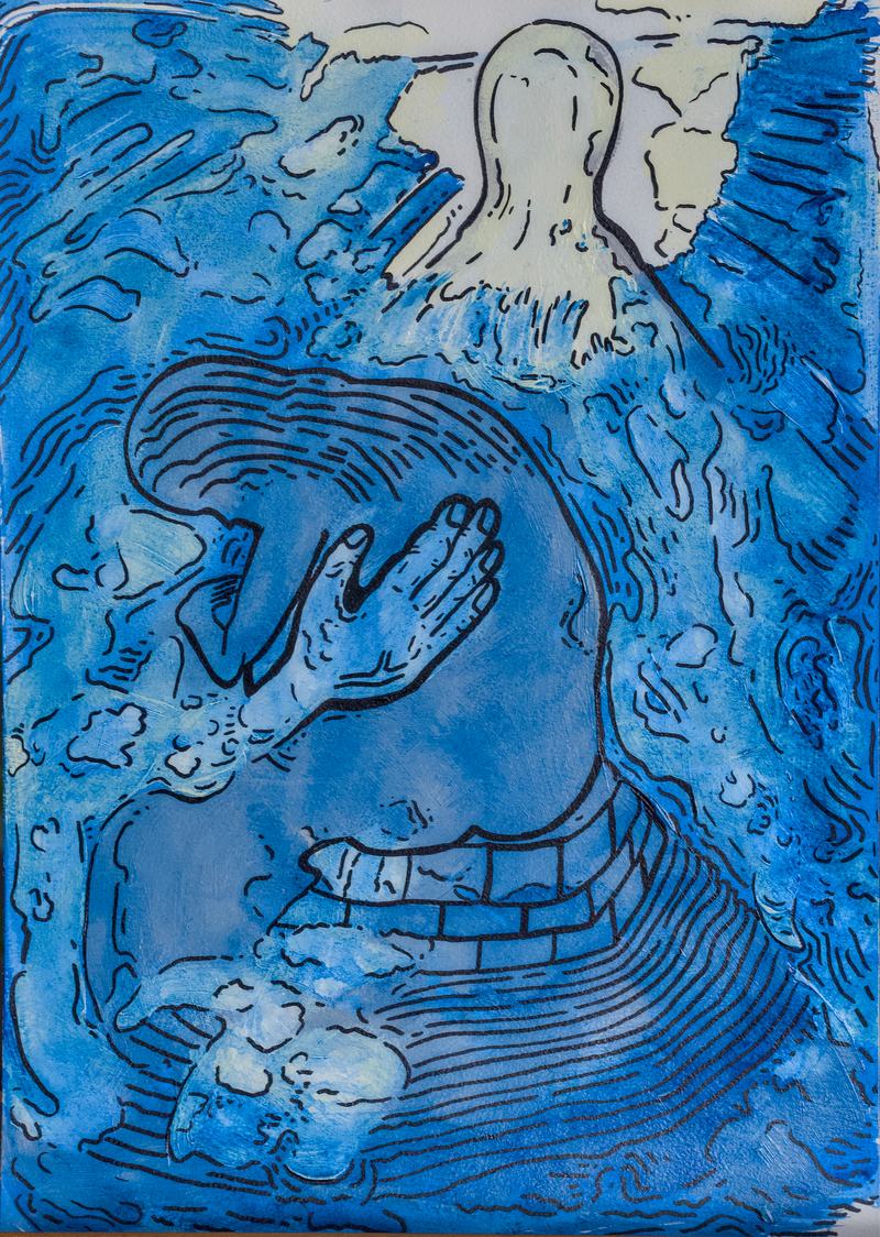 Eine blaue Gestalt legt den Kopf in die Hand, daneben verläuft eine Mauer aus Steinen, oben hebt sich ein heller Kopf aus dem Blau.