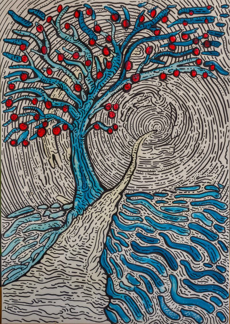 Ein blauer Baum mit roten Früchten steht neben einem Strom, der aus einem hellen Wirbel fließt.