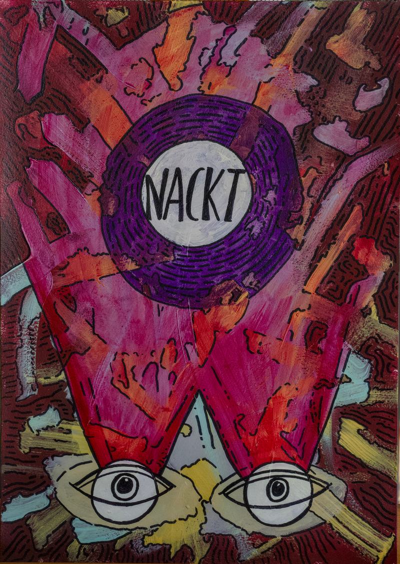 Unter einem violetten Kreis mit dem Wort „Nackt“ schauen zwei große Augen aus roten, zerklüfteten Formen.