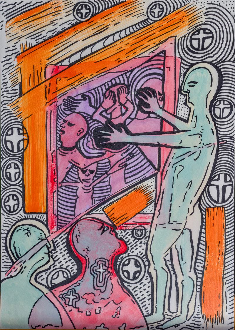 Eine helle Gestalt greift durch einen orangen Rahmen nach rosa Gesichtern, ringsum sind Kreise mit Kreuzen verteilt.