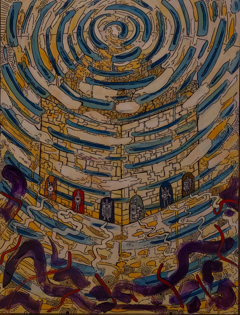 Rechtes Bild: Ein Turm aus Steinen steht in einem Wirbel aus blauen Linien, an seinem Fuß kleine Tore mit Gestalten.