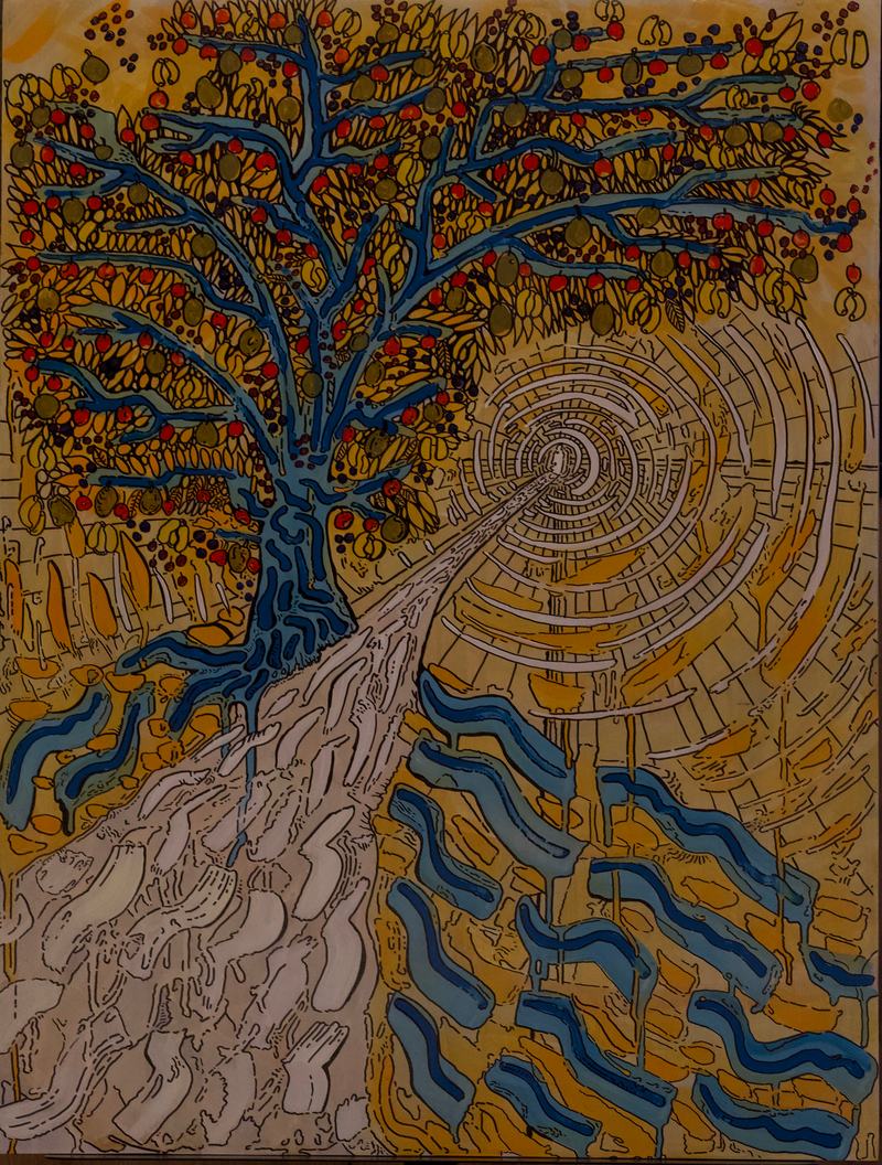 Linkes Bild: Ein Baum mit vielen bunten Früchten, daneben führt ein heller Weg in einen Wirbel aus Kreisen, im Vordergrund blaue Wellen.