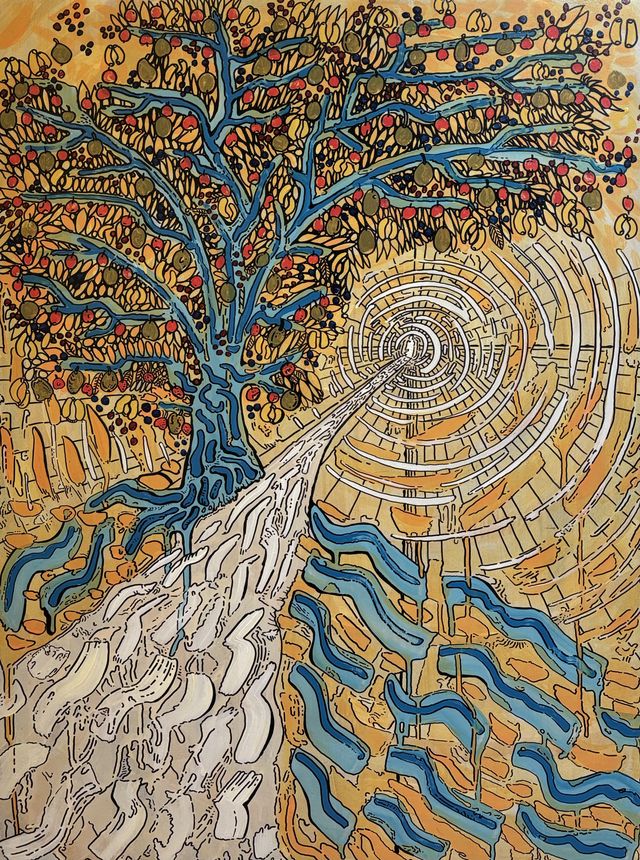 Gemälde von Alexander Fey: ein blauer Baum mit orangefarbenem Laub und roten Früchten; rechts ein heller Weg, der in einen leuchtenden Wirbel aus Kreisen führt.